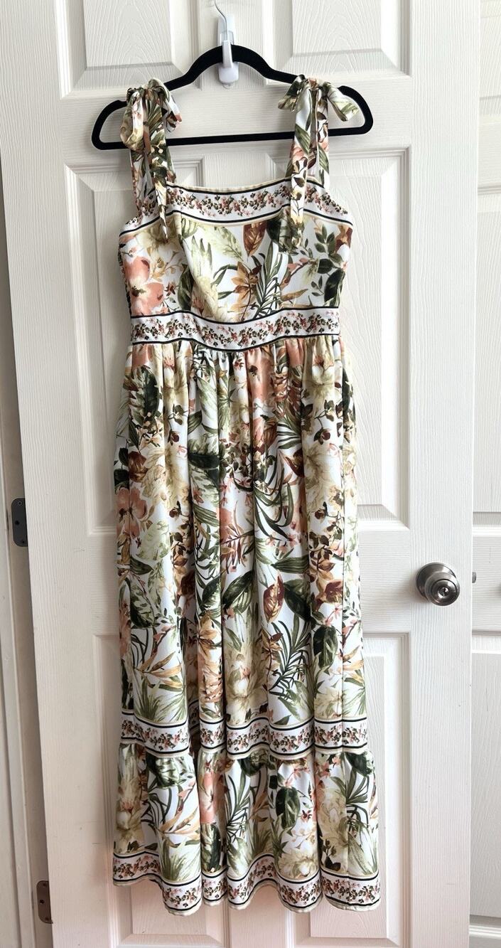 JOIE Tropical Leaf Print Tie Strap Smocked Midi Sundress Dress Sz 8 Beach Cruise